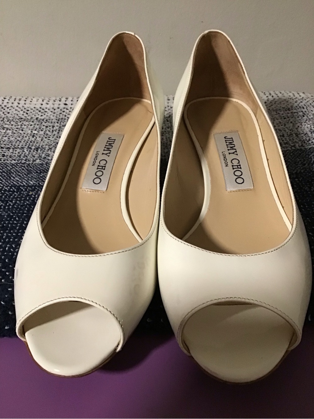 Jimmy Choo Cream Leather Peep-Toe Flats